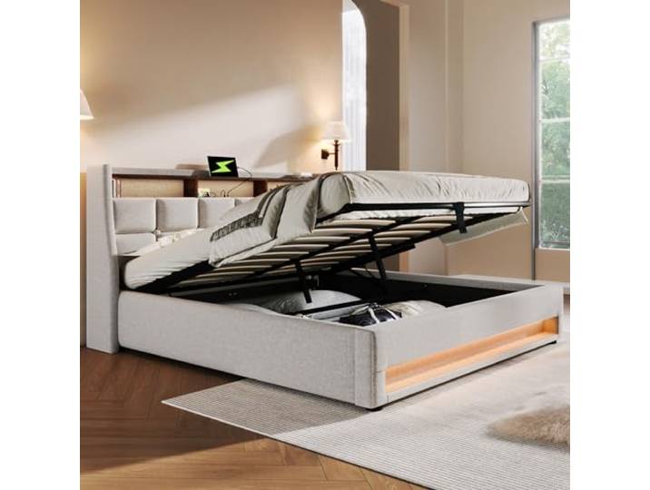 Merax Polsterbett 180x200cm, Doppelbett mit Bettkasten und Lattenrost, Stauraum Kopfteil mit LED & USB Ladefunktion, Hydraulisch Stauraumbett Funktionsbetten, Leinen, Jugendbett, ohne Matratze, Beige