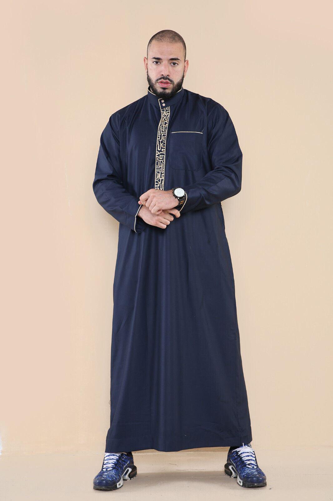 Herren Navy Thobe Jubba Emirati Islamische Arabische Eid Stickerei Kaftan Jubbah Robe