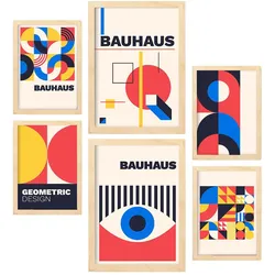 POSTER Set Mit 6 Drucken Im Bauhaus 3 Geometrische Designkollektion Drucke Mit Ästhetische Dekorative Für Zuhause A3 & A4 Rahmen Aus Hellem Holz
