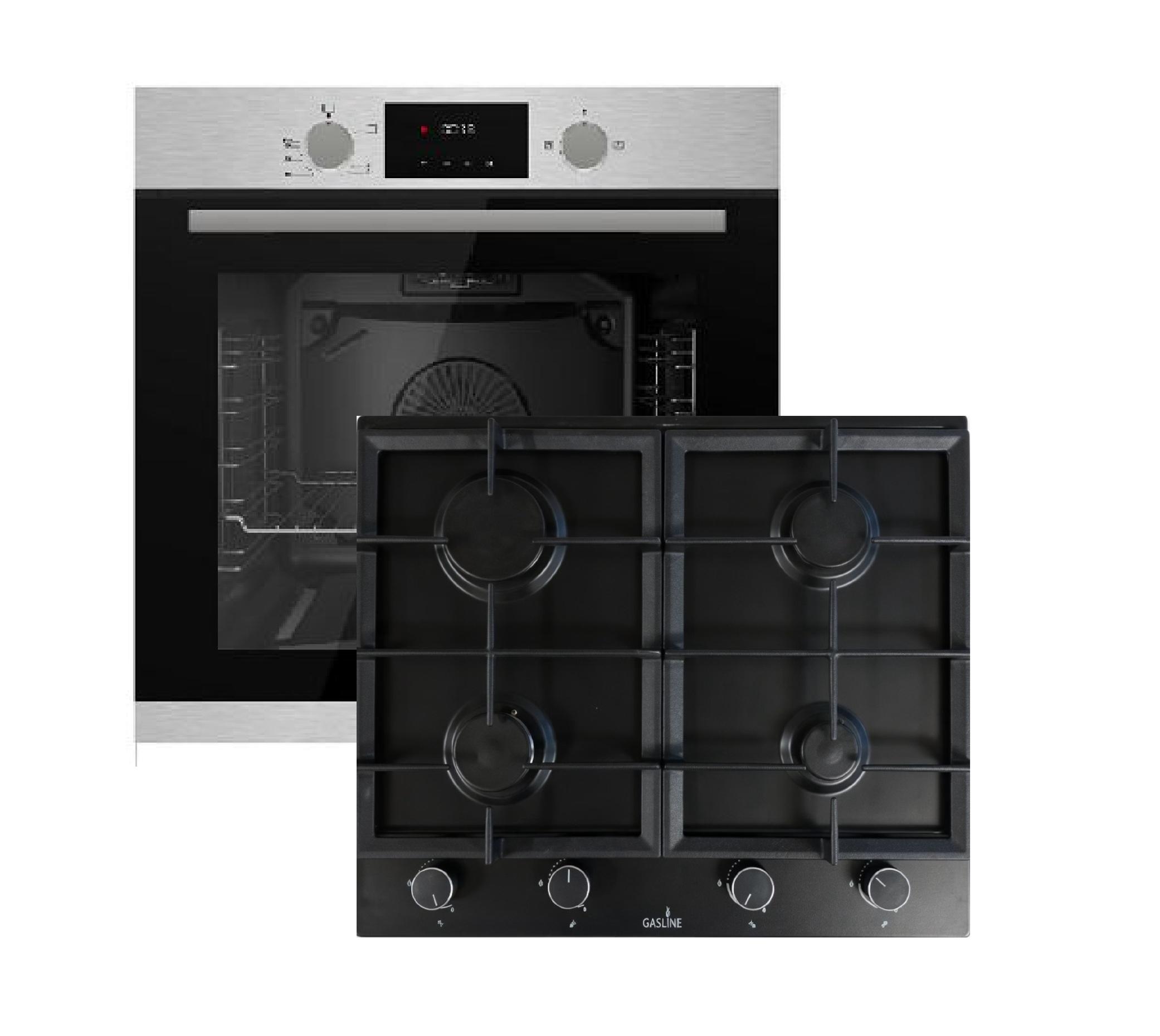Gasline Einbauherdset GB850-FIX mit Gas Einbaubackofen+Einbau Gaskochfeld,4 flammig, GAG60INB Schwarz Matt, Sabaf-Brenner, Erdgas/Propangas