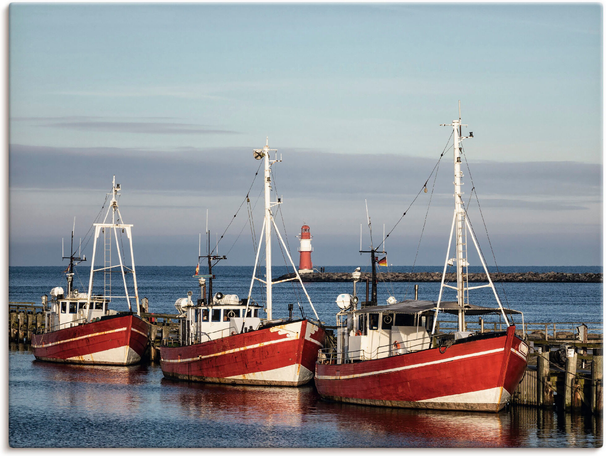 Leinwandbild ARTLAND "Fischerboote und Mole in Warnemünde", rot (farbe bild(er): rot), B:80cm H:60cm, Bilder, Leinwandbild, auf Holzrahmen gespannt farbe bild(er): rot B/H/T: 80cm x 60cm, Leinwandbild Boote & Schiffe, 1 Stk.