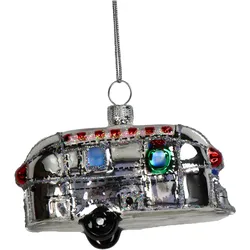 Christbaumschmuck 8,8cm Glas Wohnwagen Figur Handbemalt & mit Glitzer Weihnachtsbaum Anhänger Weihnachten Weihnachtsbaumschmuck Caravan Silber Grau
