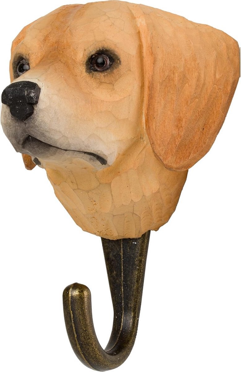 Handgesneden houten wandhaak Golden Retriever met metalen beugel