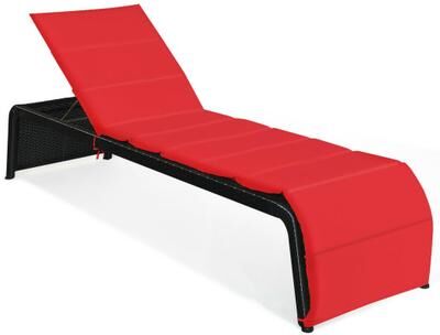 Costway Patio Rattan Lounge Chair Back Adjustable Chaise Recliner with Cushioned-Red