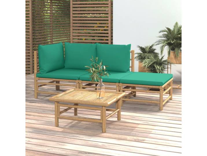 vidaXL 4-tlg. Garten-Lounge-Set mit Grünen Kissen Bambus