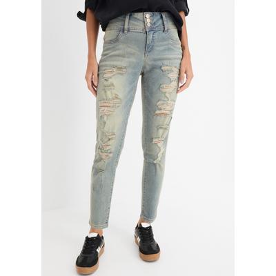 Skinny-fit-Jeans BONPRIX "Skinny Jeans High Waist, Stretch", Damen, Gr. 40, K-Gr, blau (hellblau denim heavy washed), Denim/Jeans, Obermaterial: 76% Baumwolle, 16% Polyester, 7% Viskose, 1% Elasthan, Abriebeffekte, Destroyed-Effekte, skinny fit...