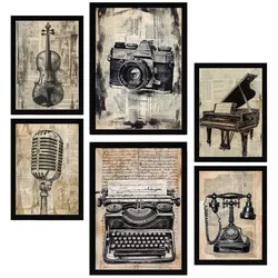 POSTER Set Mit 6 Vintage Liebe Kamera Mikro Klavier Violine Telefon A3 & A4 Schwarzer Rahmen