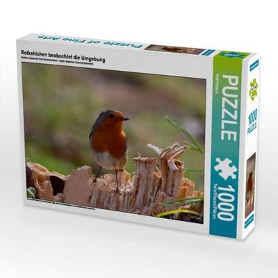 CALVENDO Puzzle Rotkehlchen beobachtet die Umgebung | 1000 Teile Lege-Größe 64x48cm Foto-Puzzle für glückliche Stunden