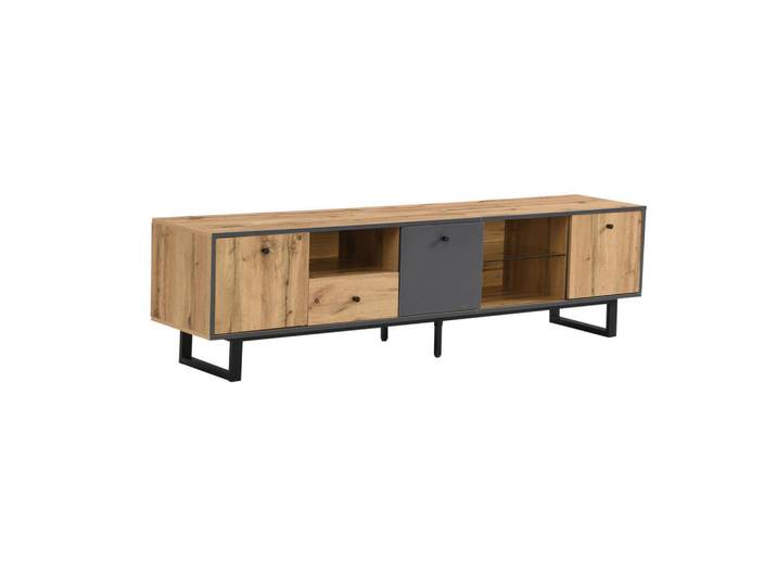 Modfu Tv-Lowboard aus Spanplatte 190x40x50 cm Holzfarben/Anthrazit mit LED-Beleuchtung, Glasböden und gedämpften Scharnieren, Naturfarben, 190x50x40 cm, Wohnzimmer, TV Möbel, Lowboards, Lowboards stehend