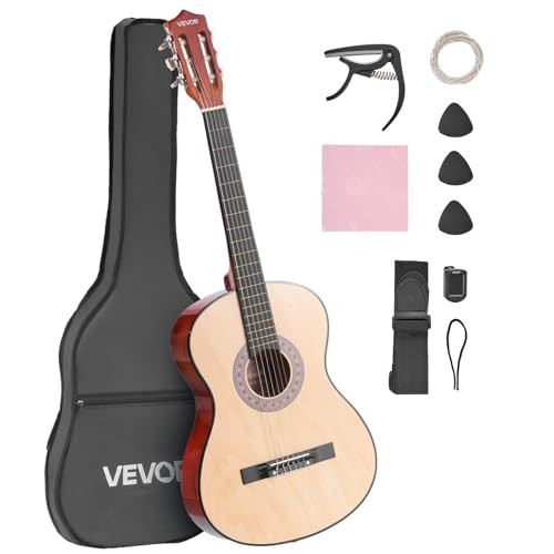 VEVOR Akoestische en klassieke gitaar startset met nylon snaren, gigbag, riem, stemapparaat en accessoires, natuurlijk