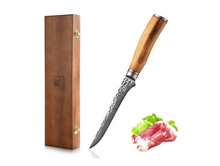 ZAYIKO Ausbeinmesser Minami Damast Filetiermesser Küchenmesser 16,5 cm Klinge Olivengriff, Damaststahl, VG10-Kern, Hammerschlag