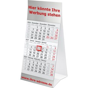 Böttcher-AG Tischkalender Aufstellkalender, mit Werbedruck, 3 Monate = 1 Seite, 9,5 x 19,8 cm, Jahr 2027, 150 Stück