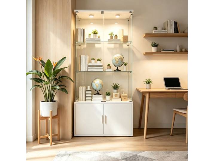 Vitrine salon Vitrine en Verre avec LED et Serrure 2 Portes en Verre Trempé Poignées Aluminium Rangement Sécurisé vitrine bois blanc