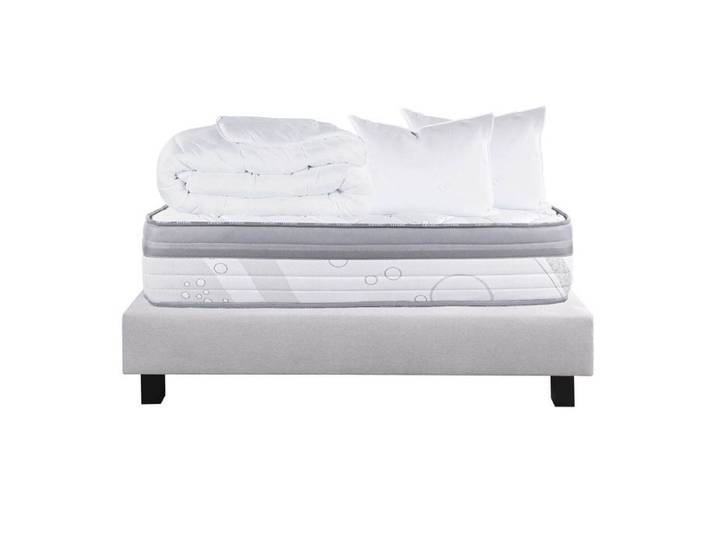 REINALD - Pack Matelas + Sommier Tapissier Gris 160x200 cm + 2 Oreillers + 1 Couette