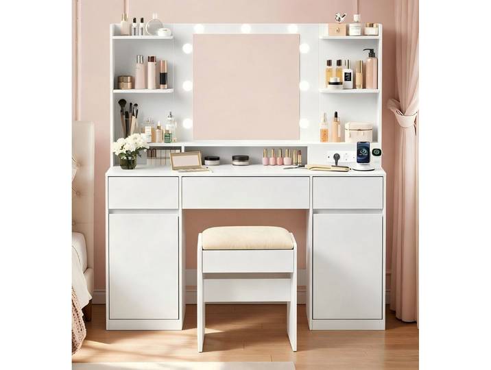 VASAGLE Schminktisch Hocker Steckdosenleiste (1 Tisch mit 1 Hocker), mit Spiegel und LED-Leuchten, 2 Schränke, 9 dimmbare Glühbirnen