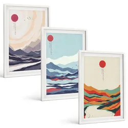 BILDER SET 3er Set - 40x60 cm Weißer Rahmen - Japanische Bergabstraktionen