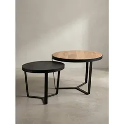Couchtisch Set rund – Akazie Massivholz, Steinoptik, Metallgestell, Braun-Anthrazit