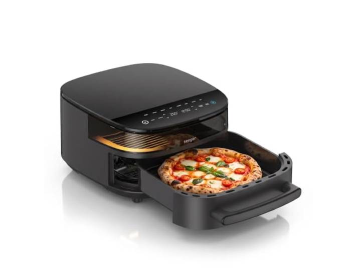 Seeger SpaceFry Airfryer flach 30 cm für 3-4 Personen, Pizza, Schwarz Alles gleichmäßig knusprig: in einer Lage, Ober- und Unterhitze, ohne Schütteln, Sichtfenster, 230 °C, 2850 W, PFAS-frei