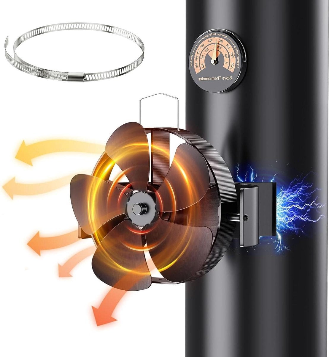 Warmteaangedreven houtkachel ventilator met 5 bladen en 180 graden magnetische rotatie, zilver