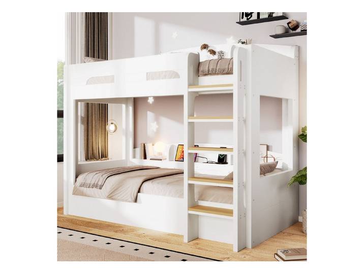 Flieks Etagenbett, Kinderbett 90x200cm mit Steckdose darunter und Ablagefächer