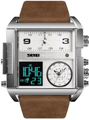 Inspired Deals Men Multifunctional Digital Watch With Leather Strap And Waterproof Square Dial silver+coffee
