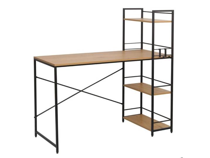 Bureau avec étagère 120 cm chêne naturel structure en métal noir style loft Furnitex
