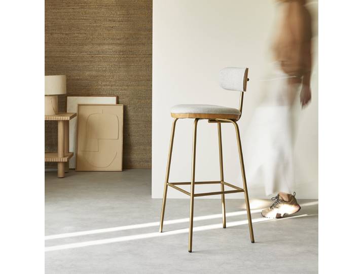 Barstuhl aus heller, Eiche, grauem Stoff und Metall - Bronze - Fabric