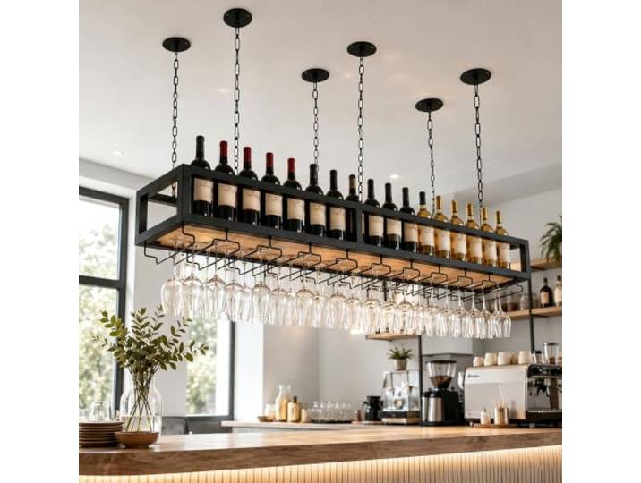 Deckenregal Weinregal mit glashalter, Hängend Wein Flaschenregal Metall Höhenverstellbar Deckenmontiertes Weinregal mit Metallrahmen, Kettenaufhängung, platzsparend für Küche, Bar und Essbereich