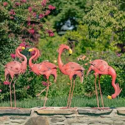 Zaer Ltd Set of 4 Assorted Bright Pink Iron Flamingos