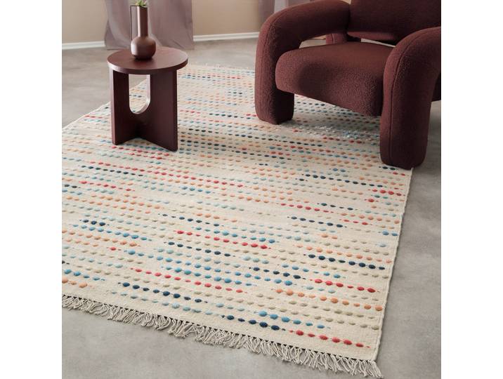 Teppich WECON HOME Maddie , beige (ivory blau), B:140cm H:11mm L:200cm, Schurwolle, Teppiche, Teppich, handgewebt, robust, strapazierfähig, skandinavisch, Naturfaser