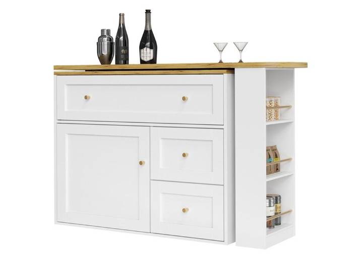 Table de bar extensible 138-204x39x105 cm blanc - Buffet cuisine avec rangement étagère snack & îlot