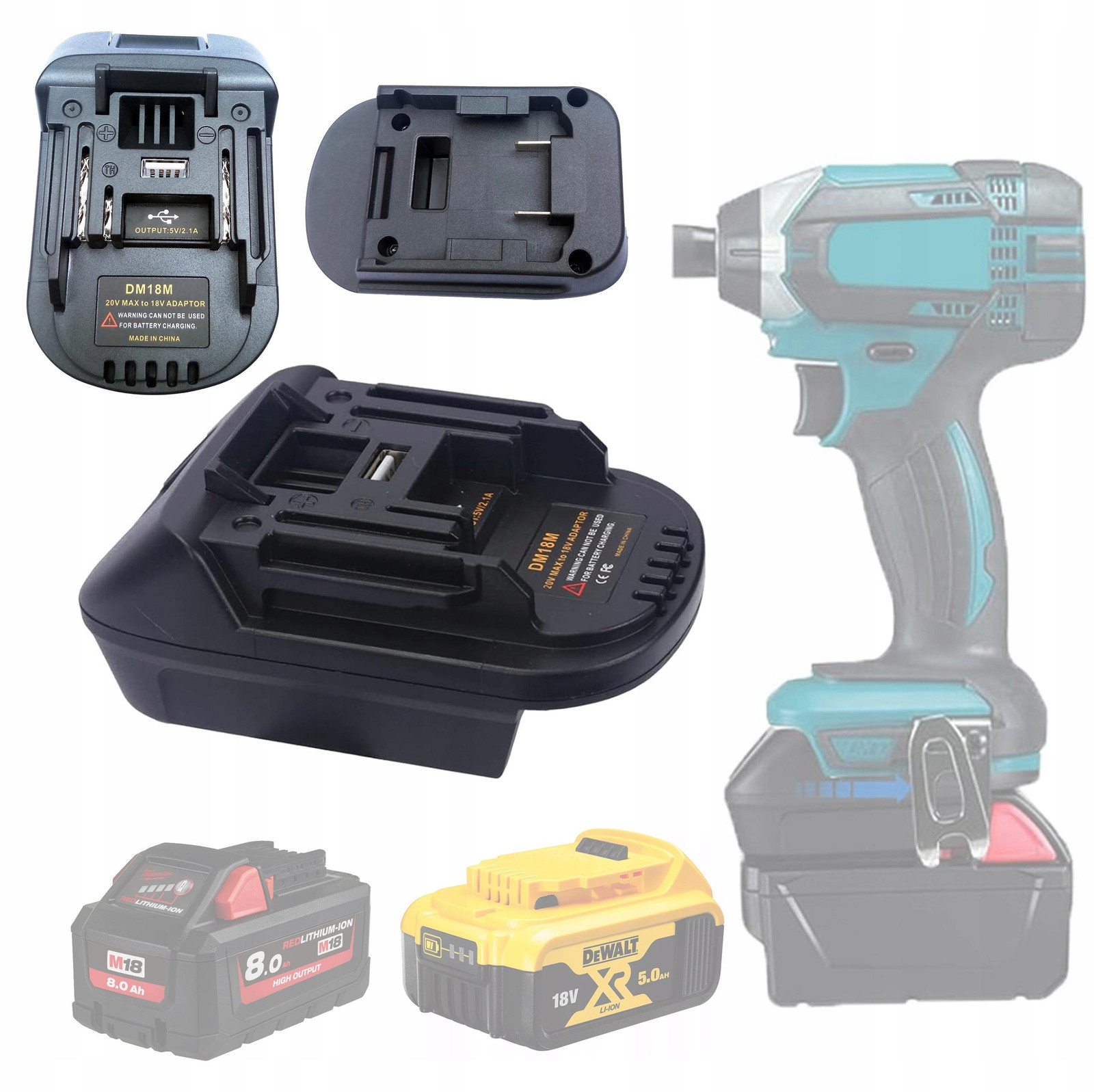 ROSFIX Accu-Adapter Vervanging Converter 20V-18V USB 5V 2.1A Compatibel met Makita 18V, Dewalt DCB200 en Milwaukee M18