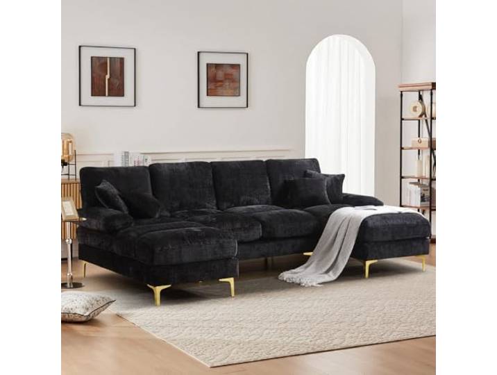4-Sitzer Sofa Schwarz Chenille Stoff, kompakt für Wohnzimmer und Wohnung Weicher strapazierfähiger Stoff, dicke bequeme Kissen. Stabiler Holzoptik-Füße, kompakte Bauweise, schnelle Montage.