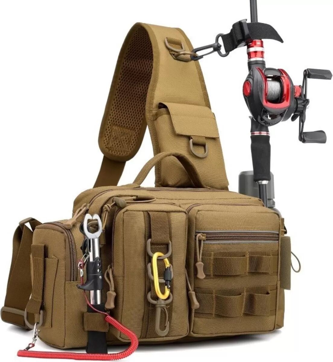 INF Multifunktionale Oxford-Tuch Angeltasche - Outdoor Angelrucksack mit Rutenhalter Khaki