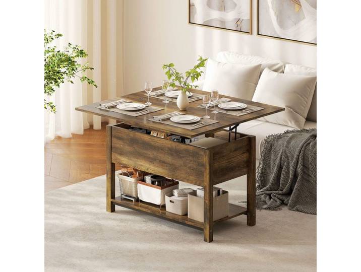Table basse relevable et extensible - AKOZON - 16787 - Brun rustique - Plateau relevable double zone - 3 compartiments