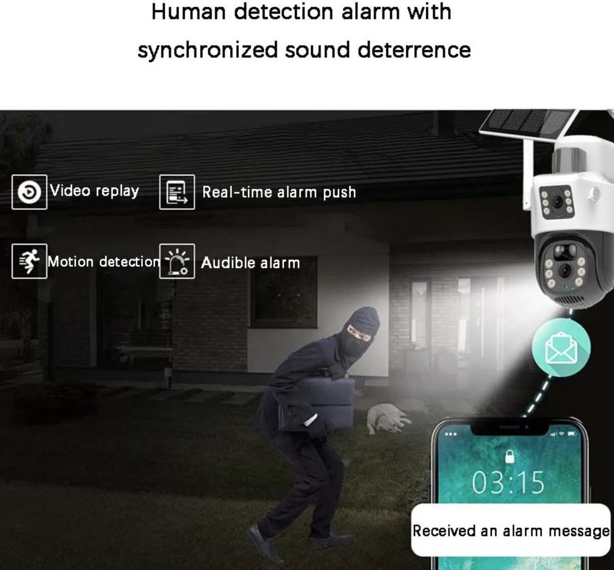 INF Caméra solaire 4G à double objectif avec carte mémoire 128 Go : Surveillance extérieure à distance Blanc