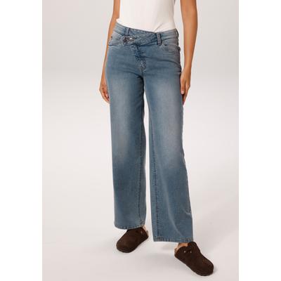 Straight-Jeans ANISTON CASUAL, Damen, Gr. 46, N-Gr, blau (blau used), Denim/Jeans, Obermaterial: 81% Baumwolle, 17% Polyester, 2% Elasthan, Abriebeffekte, figurumspielend lang, Jeans Straight-Jeans, mit extravaganten, asymmetrischem Verschluss