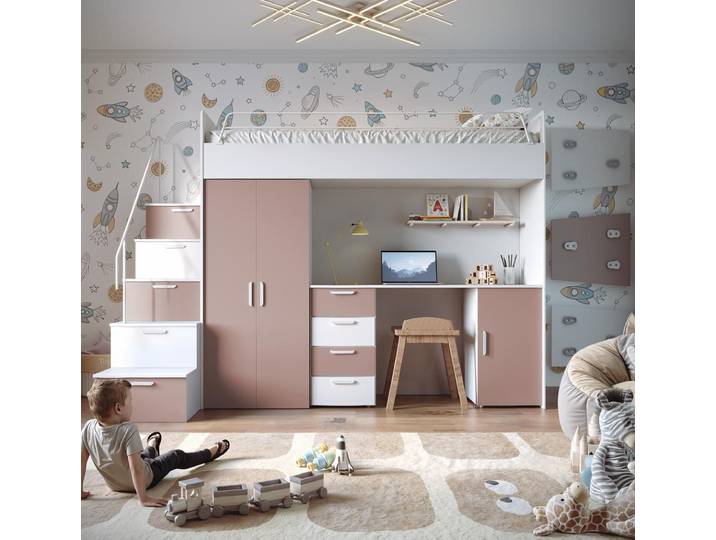 Compleo Jugendbett mit Arbeitsbereich Hochbett, Modern Kinderzimmer STARS