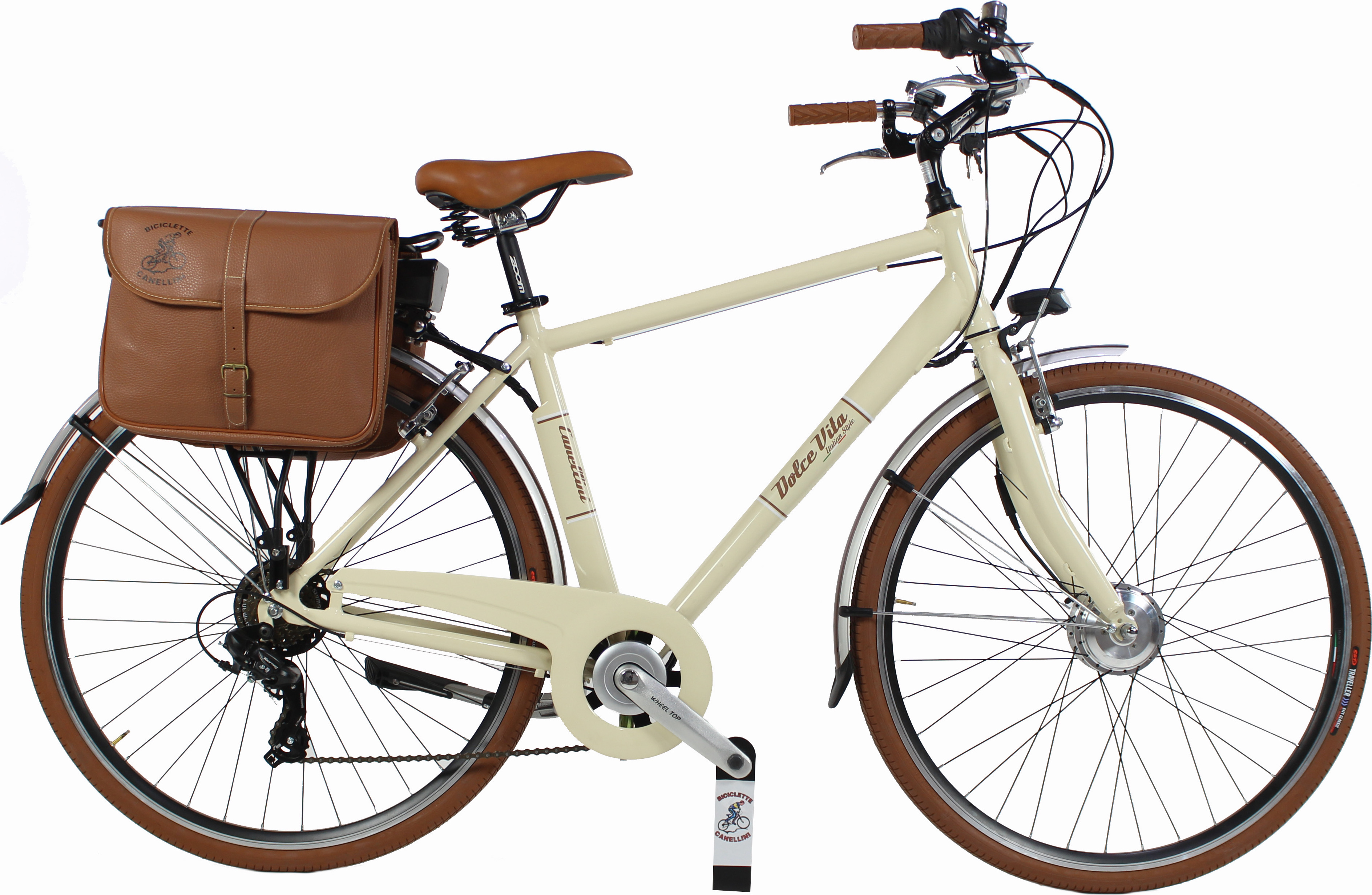 Elektro-Fahrrad Dolce Vita by Canellini Citybike Mann Aluminium mit Seitentasche - Beige 58 - Frontmotor