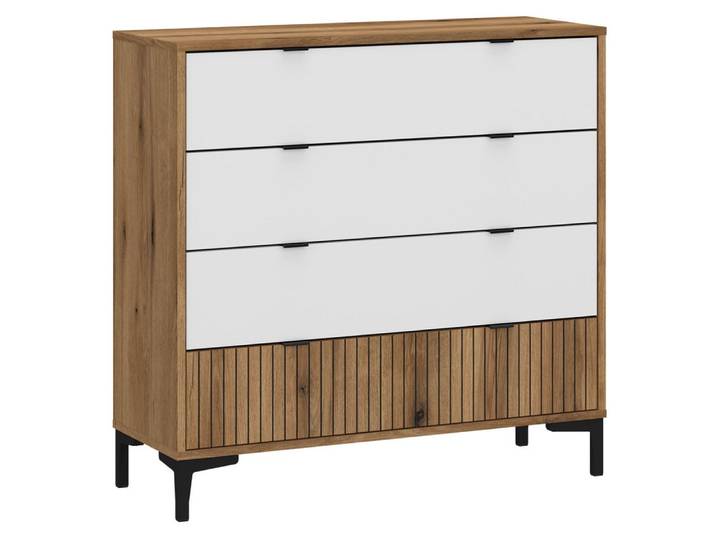 Lomadox Kommode RISBY-129, Eiche mit weiß und Lamellenoptik moderne Schubladenkommode Schrank