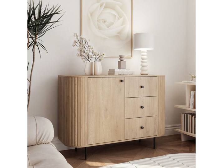 Commode Salon OVALINE - porte et 3 tiroirs - Commode Chambre - 123x42x85 cm - Chêne Cremona
