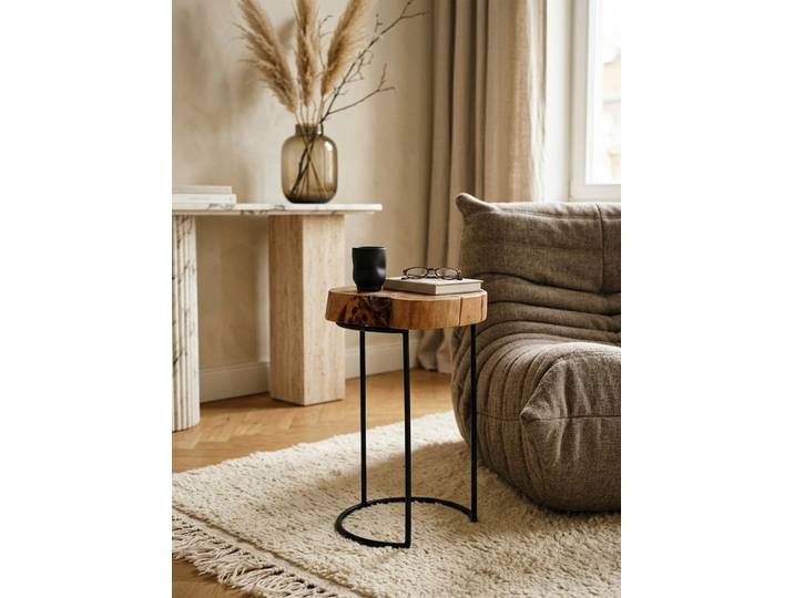 KADIMA DESIGN Beistelltisch Beistelltisch AKOLA Massiv-Holz Akazie Wohnzimmer-Tisch Metallbeine, Landhaus-Stil Baumstamm-Form Echt-Holz Natur