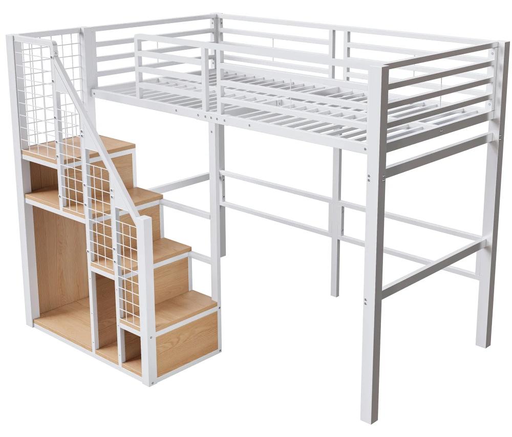 Hochbett für Kinder - Metallrahmen - Sicherheitsleiter - Stauraum - 140 x 200 cm - Weiß