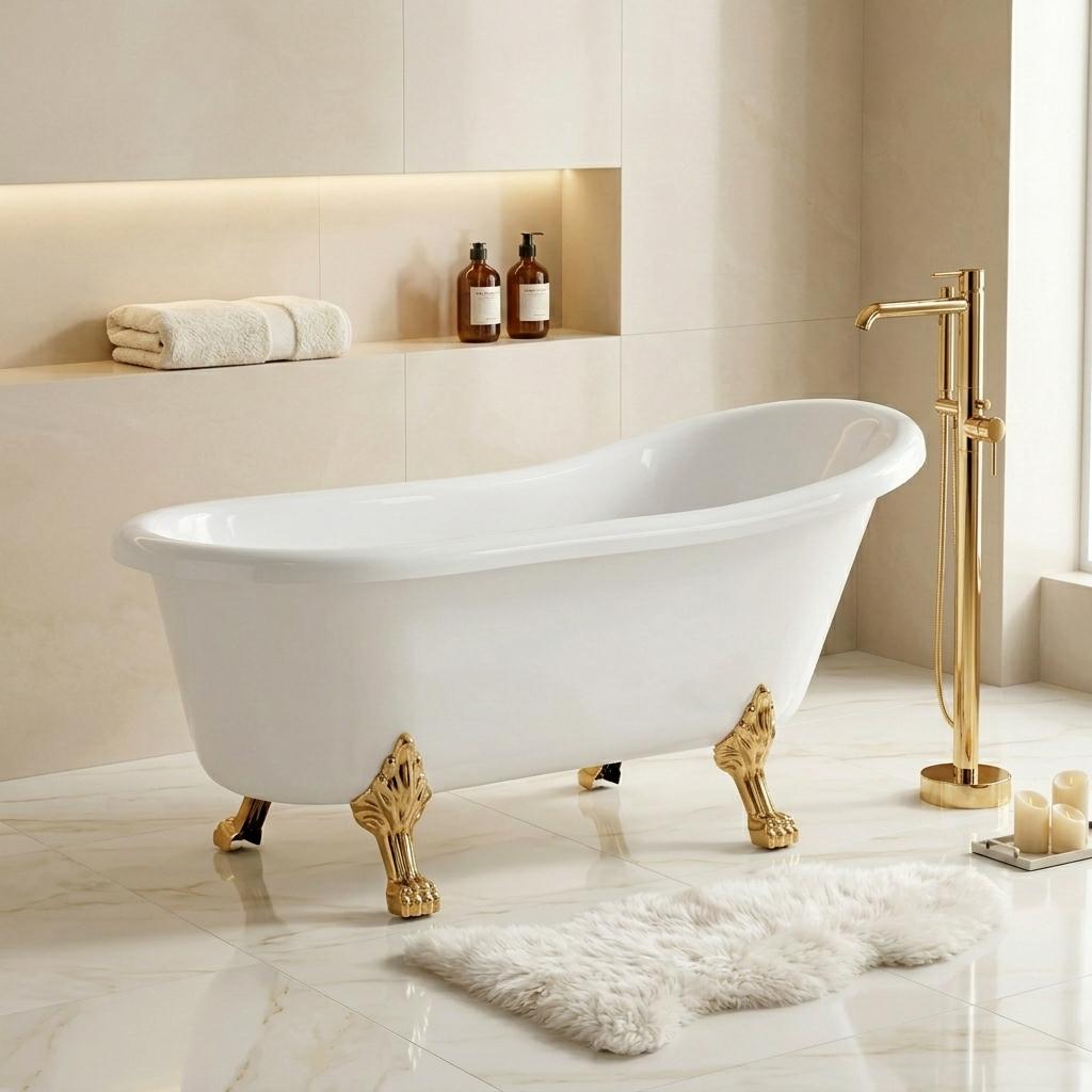Retro-Freistehende Badewanne 160x75 cm - 4 polierte goldene Löwenpfotenfüße - Leona