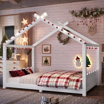 Floor Bed with Support Slats, Solid Wood House Bed Frame for Kids