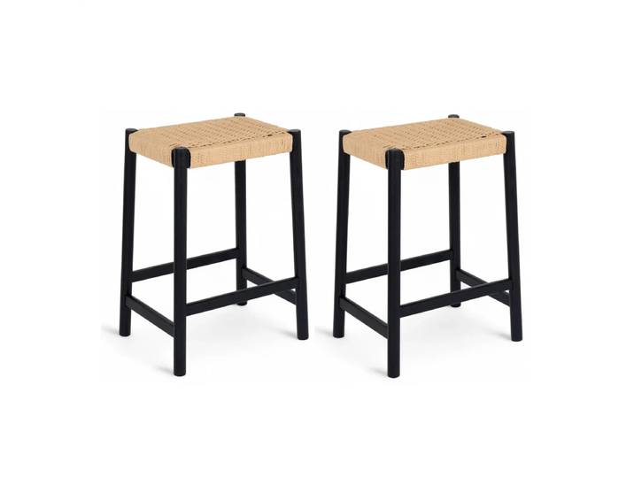 2er Set Barhocker Ida - Geflechtsitz, Schwarz/Beige