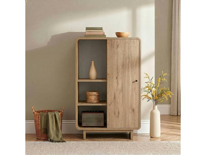 Buffet Haut Moderne Décor Chêne 1 Porte 3 Étagères Marfa