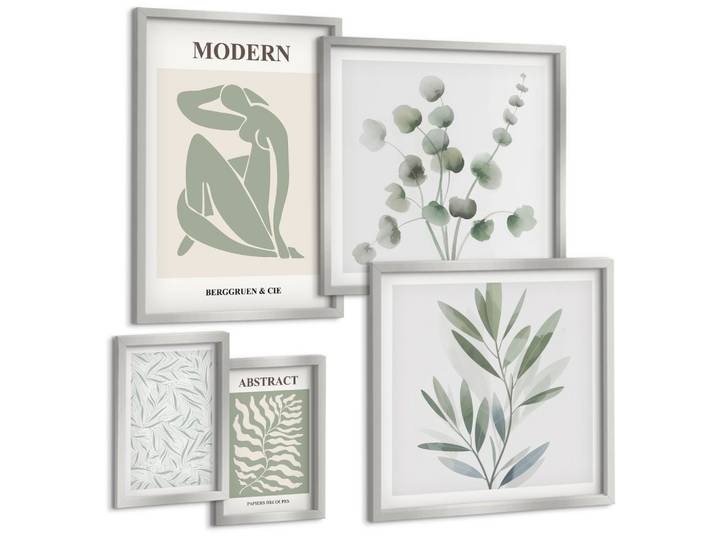BILDER SET 5er Set - 50x50 cm & 20x30 cm & 40x60 cm Silberner Rahmen - Matisse entwirft Boho-Pflanzen