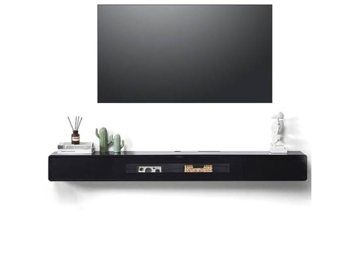 Ahtadums Massivholz TV Lowboard Hängend schwarz, TV Schrank hängend mit 2 Schubladen TV Board hängend, Mit Glastürfüllung, komplett montiert (Schwarz, 120cm)