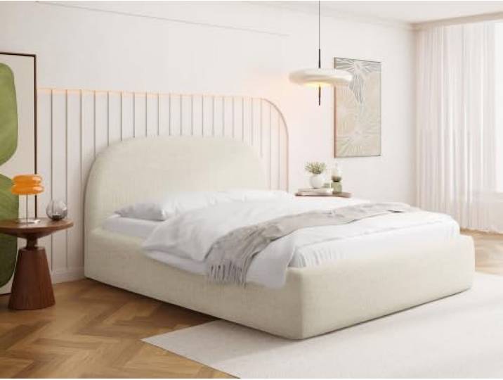 WFL GROUP Polsterbett 180x200 cm in Creme Chenille mit Bettkasten & Metall-Lattenrost – Hohes, Abgerundetes Kopfteil, Stauraum, Gaslift-Mechanismus, ohne Matratze – Hergestellt in Polen